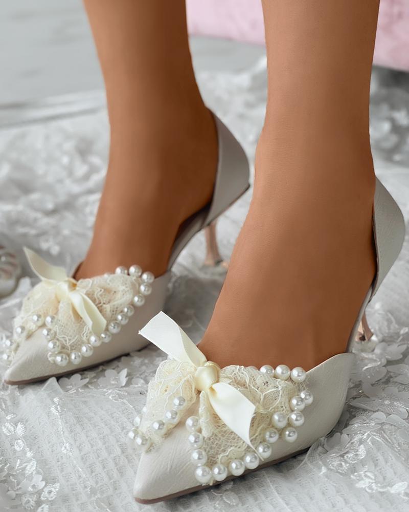 

Beaded Bowknot Decor Pyramid Heels Wedding Guest Shoes, Beige