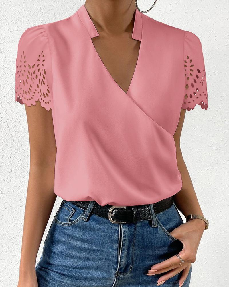 

Lace Patch Notch Neck Wrap Blouse, Pink