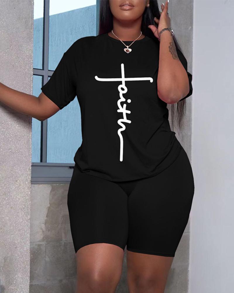 

Letter Print Casual Top & Shorts Set, Black