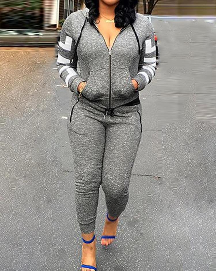 

Hooded Zipper Closure Tracksuit Pants Set, Gray