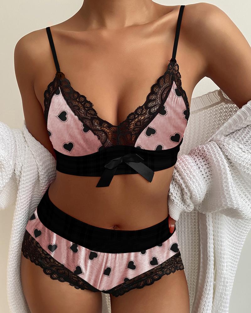 

Lace Trim Heart Print Bowknot Design Bra Set, Pink