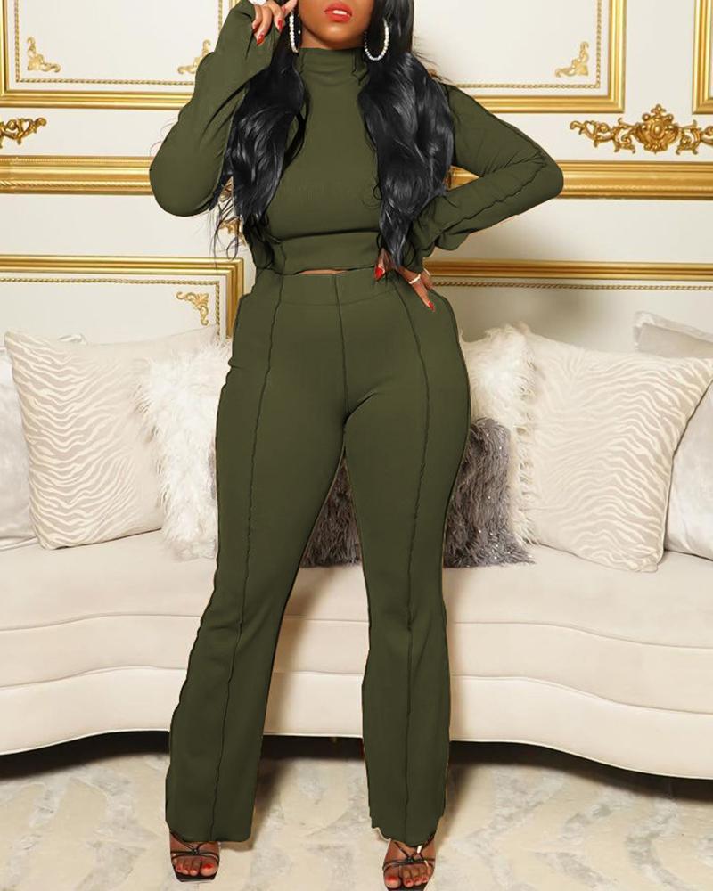 

Mock Neck Long Sleeve Top & High Waist Pants Set, Green