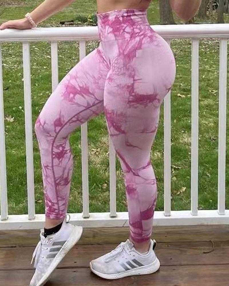 

Tie Dye Print High Wasit Active Pants Sports Yoga Leggings, Pink