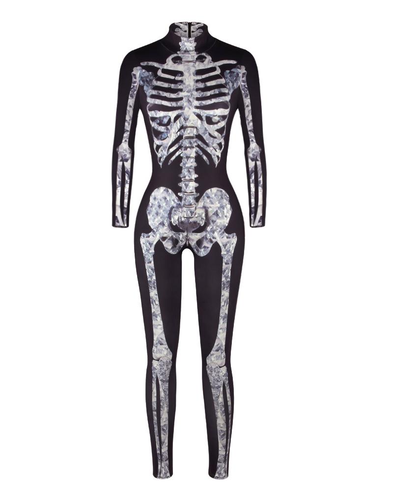 

Skull Skeleton Print Zip Back Halloween Costume Jumpsuit, Style1