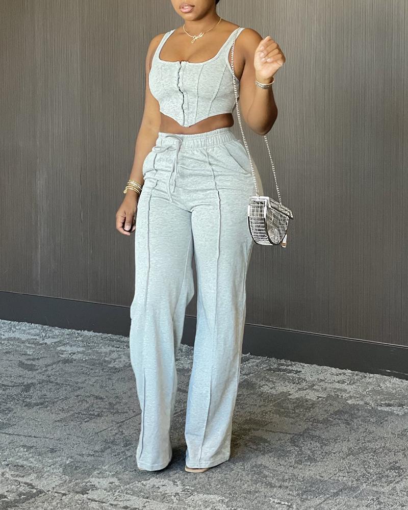 

Crop Tank Top & Drawstring Wide Leg Pants Set, Gray