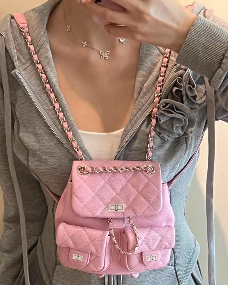 

Twist Lock Pocket Design Flap Mini Backpack, Pink