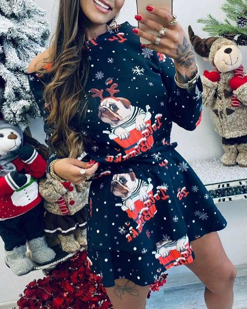 

Christmas Dog Snowflake Print Casual Dress, Black
