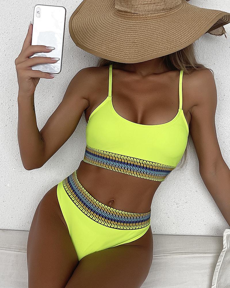 

U-neck Tribal Print Bikini Set, Yellow