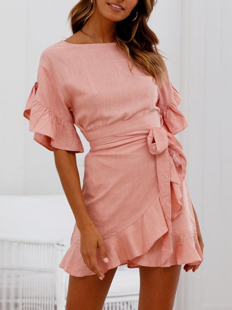 

Ruffle Bishop Sleeve Self-belted Wrapover Hem Dress, Pink