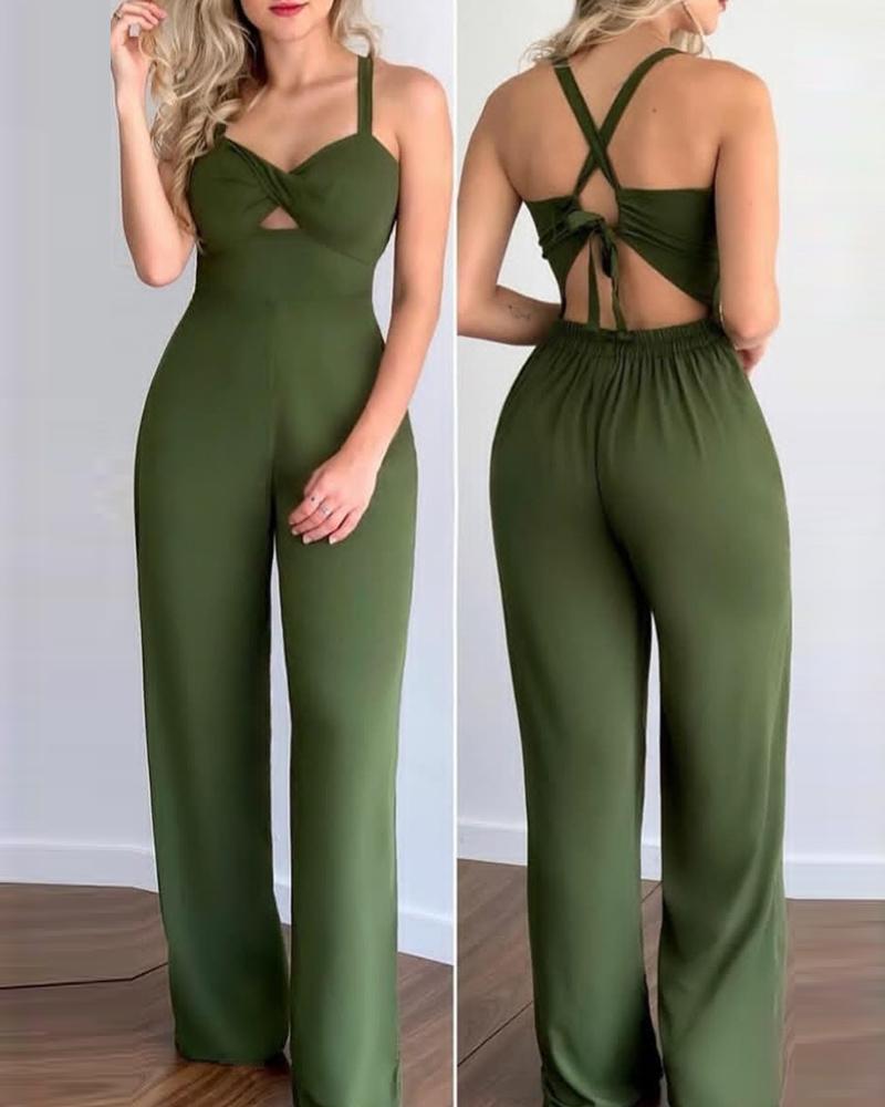 

Criss Cross Backless Tied Detail Jumpsuit, Green