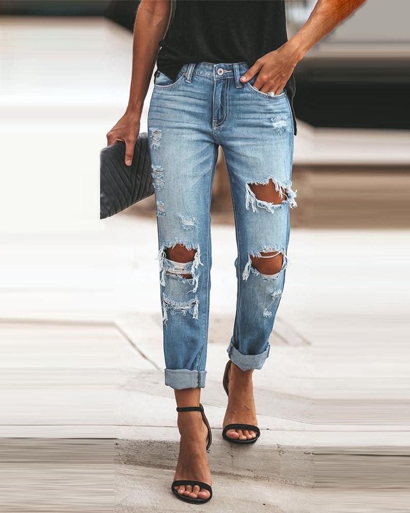 

Ripped Cutout Single Button Jeans, Blue