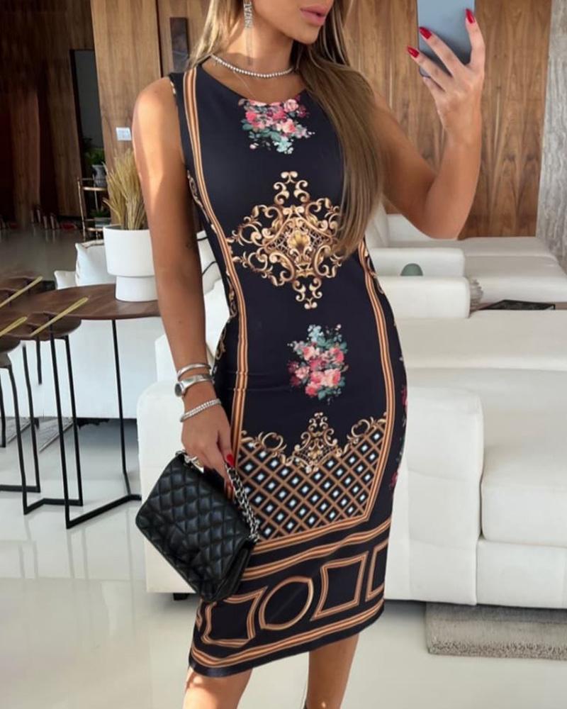 

Floral Baroque Print Sleeveless Casual Dress, Black