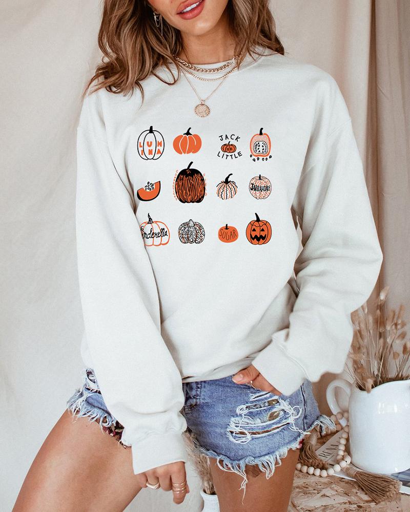 

Halloween Pumpkin Print O Neck Long Sleeve Sweatshirt, White