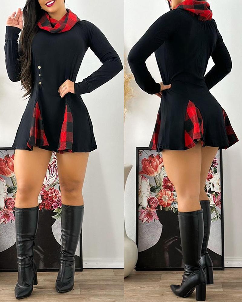 

Vestido casual de manga comprida com decote em funil xadrez Padrão, Black