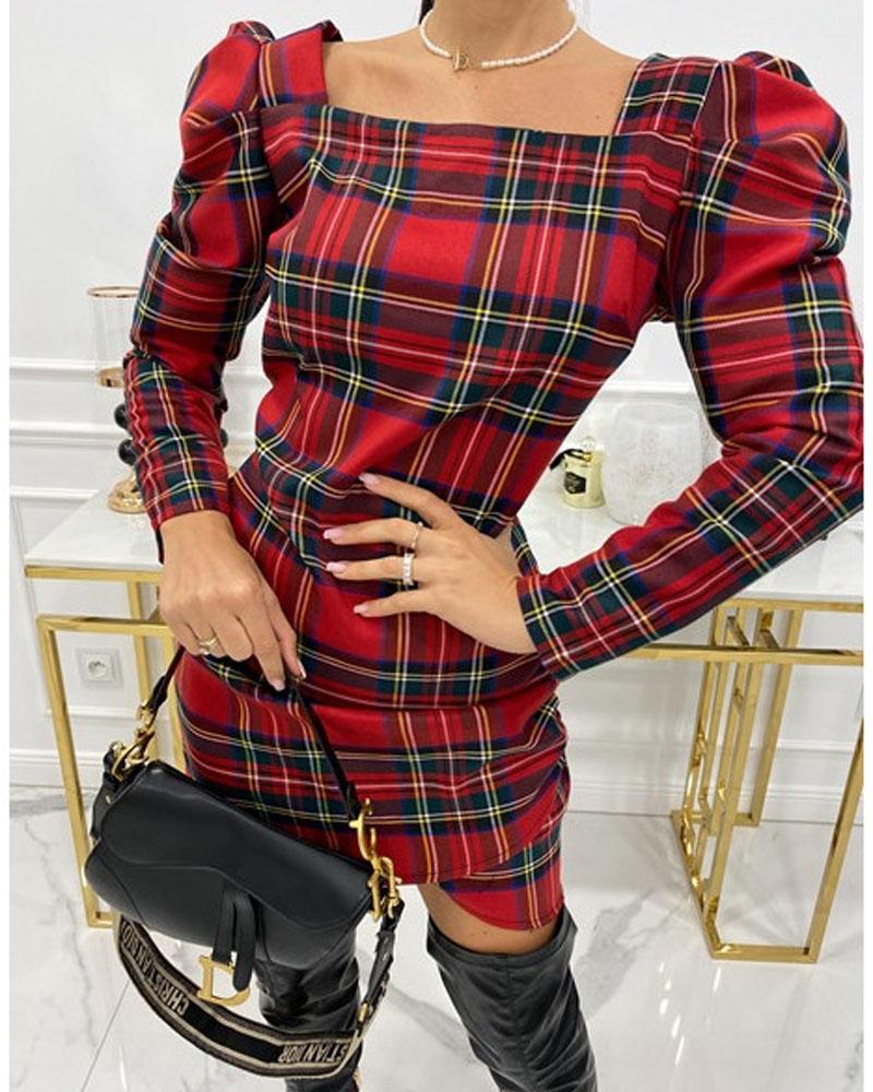 

Plaid Print Puff Sleeve Work Dress, Red