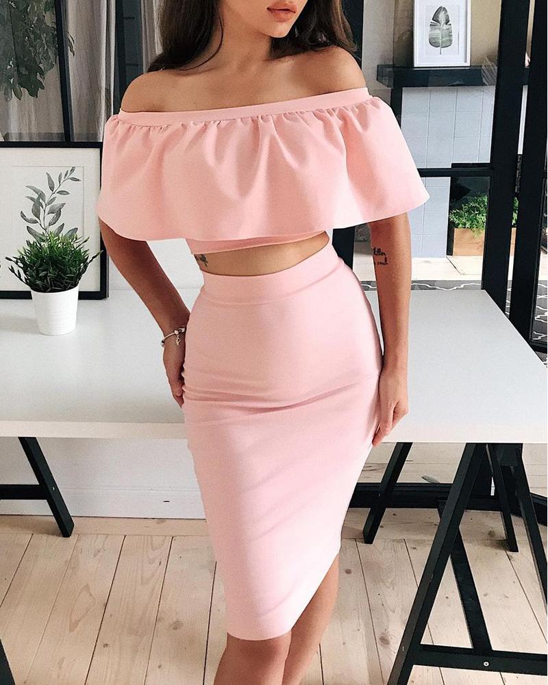 

Off Shoulder Ruffles Crop Top & Midi Skirt Set, Pink