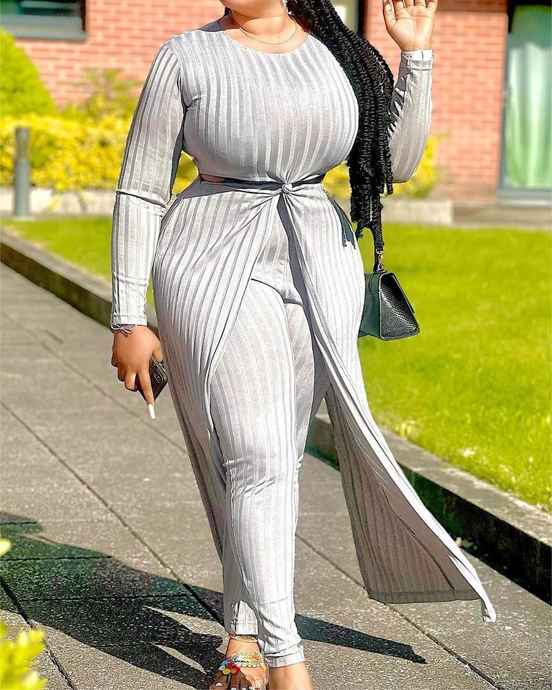 

Cutout Slit Longline Ribbed Top & Pants Set, Gray