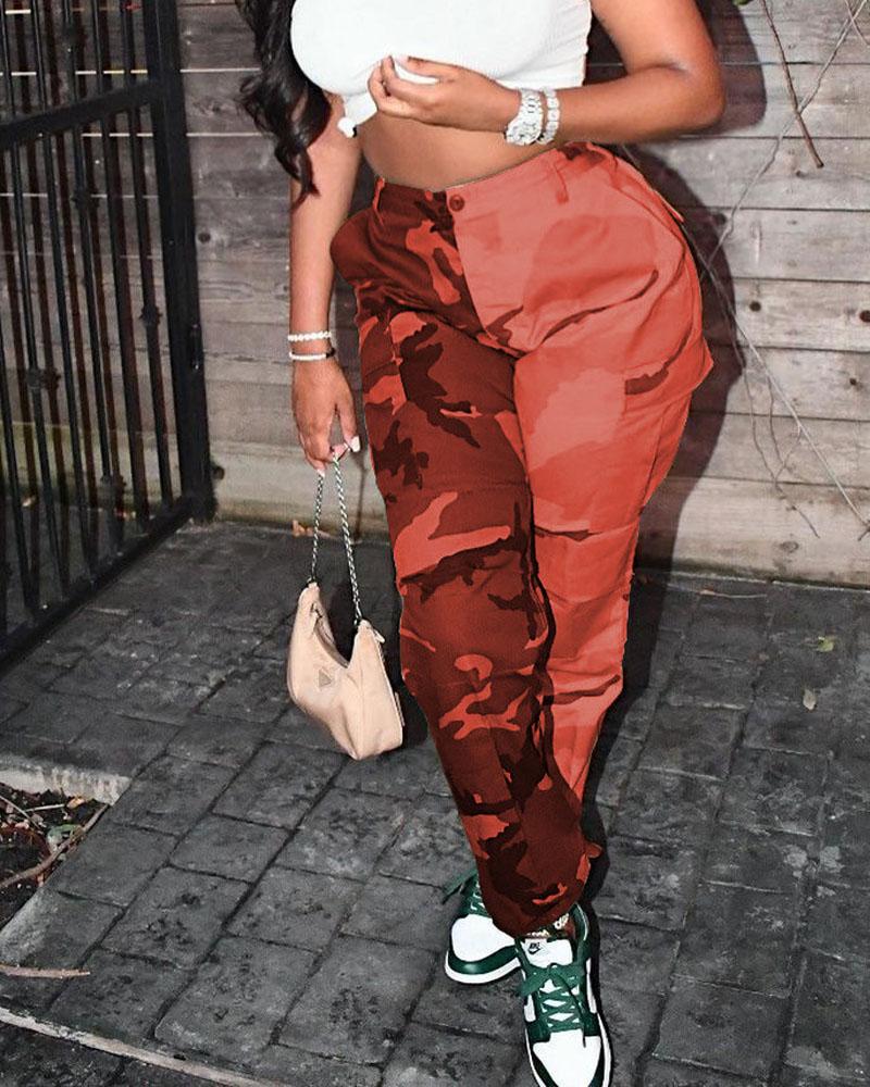 

Camo Print Flap Pocket Cargo Pants, Red