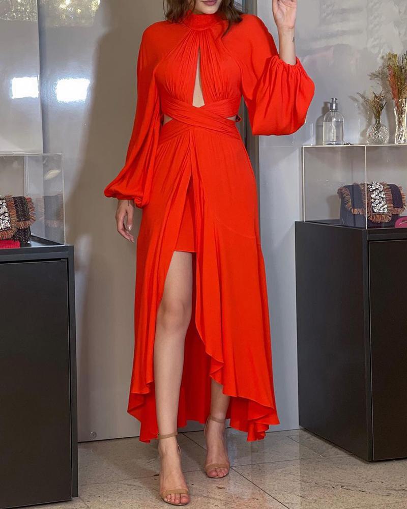 

Lantern Sleeve Cutout High Slit Party Dress, Red