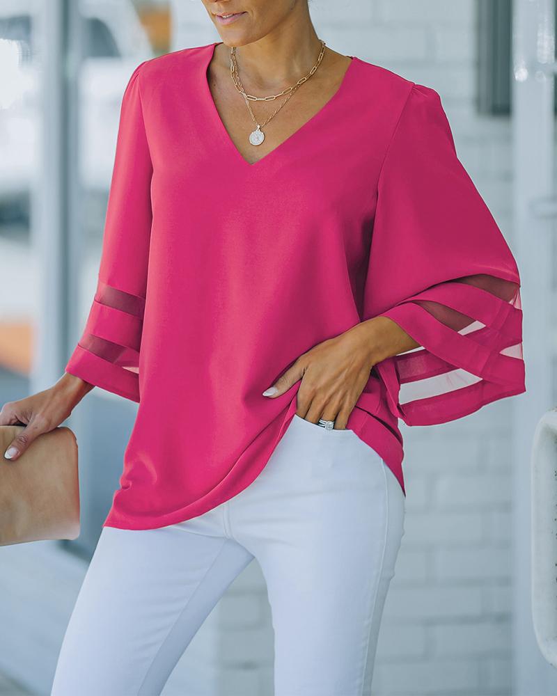 

Contrast Mesh Bell Sleeve Top, Hot pink