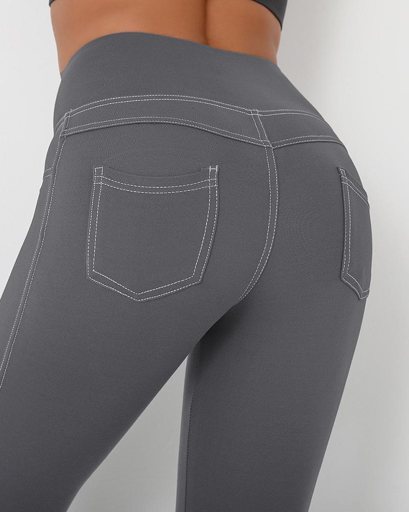

Pocket Design High Waist Seamless Leggings Butt Lift Stretchy Yoga Pants, Gray