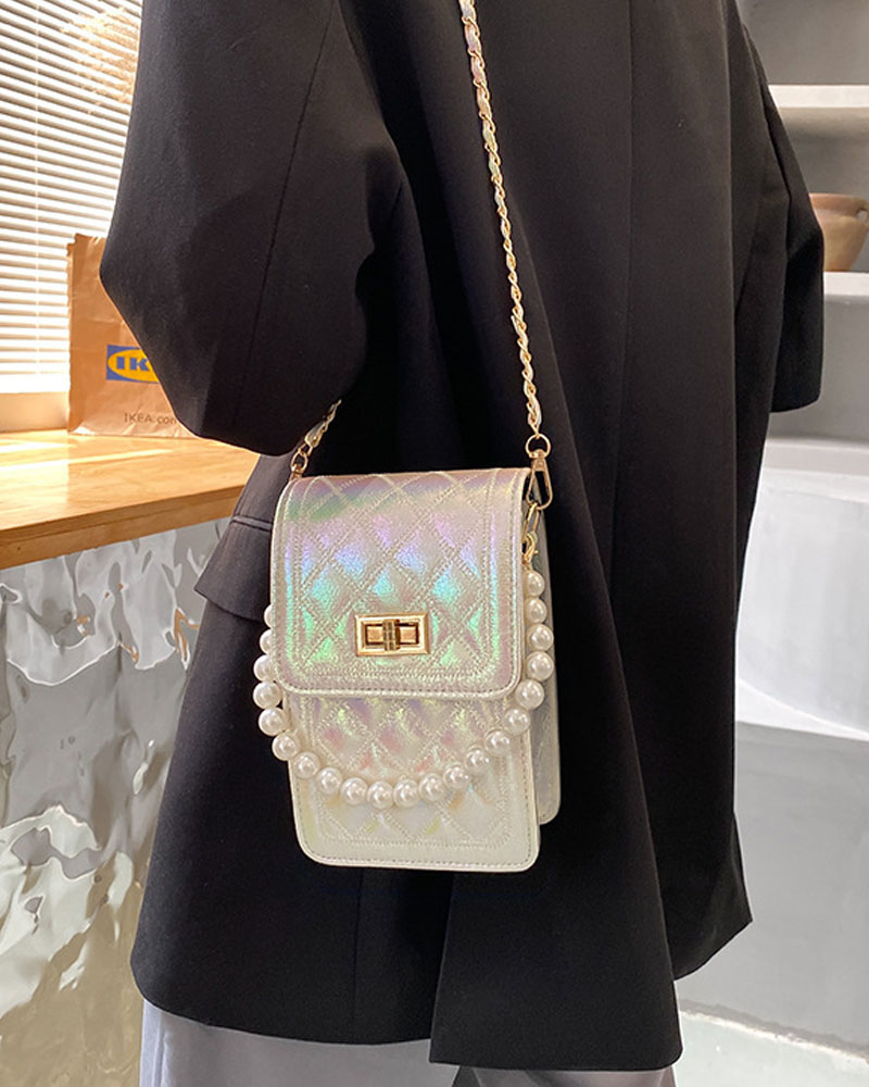 

Quilted Twist Lock Flap Shoulder Bag With Pearls Decor Handle, White