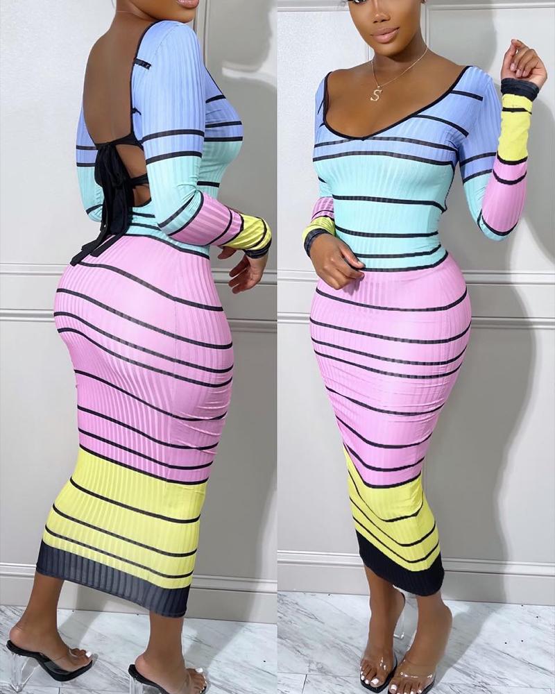 

Colorblock Striped Backless Bodycon Dress, Multicolor