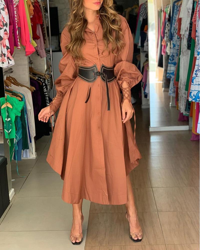 

Lace-up Lantern Sleeve Buttoned Shirt Dress, Dark brown