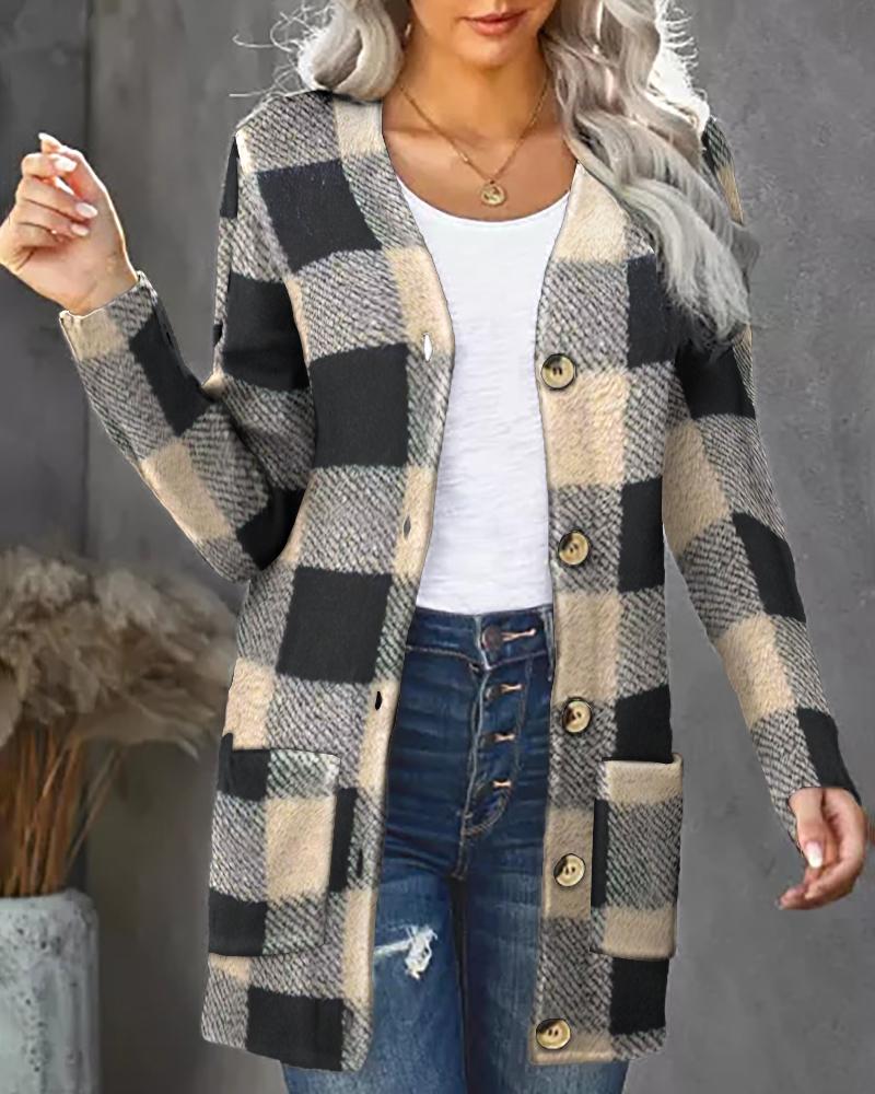 

Plaid Print Pocket Button Design Braided Knit Cardigan, Multicolor