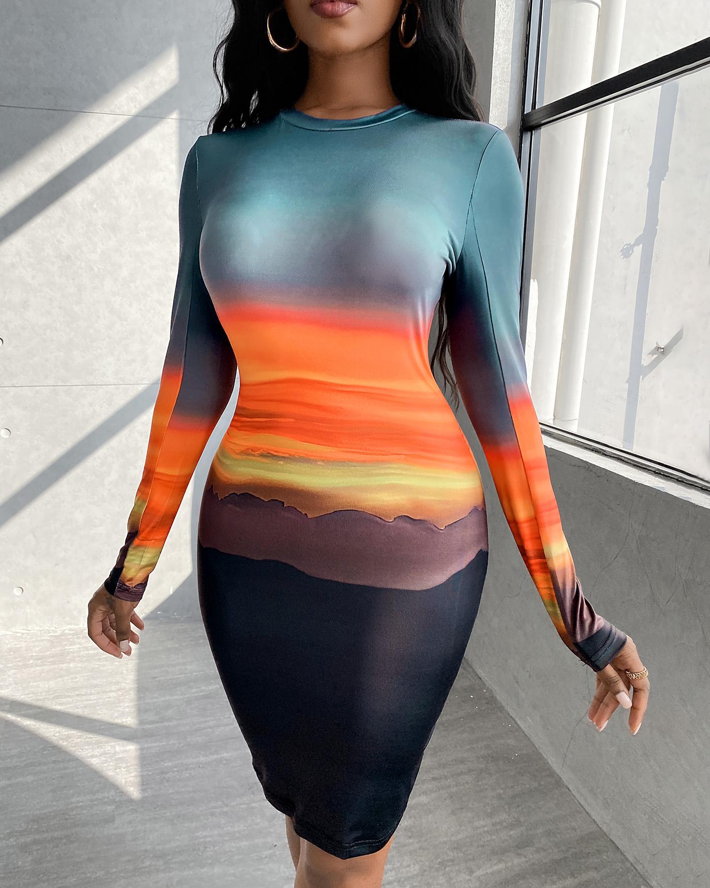 

Graphic Print Colorblock Long Sleeve Bodycon Women Dress, Orange