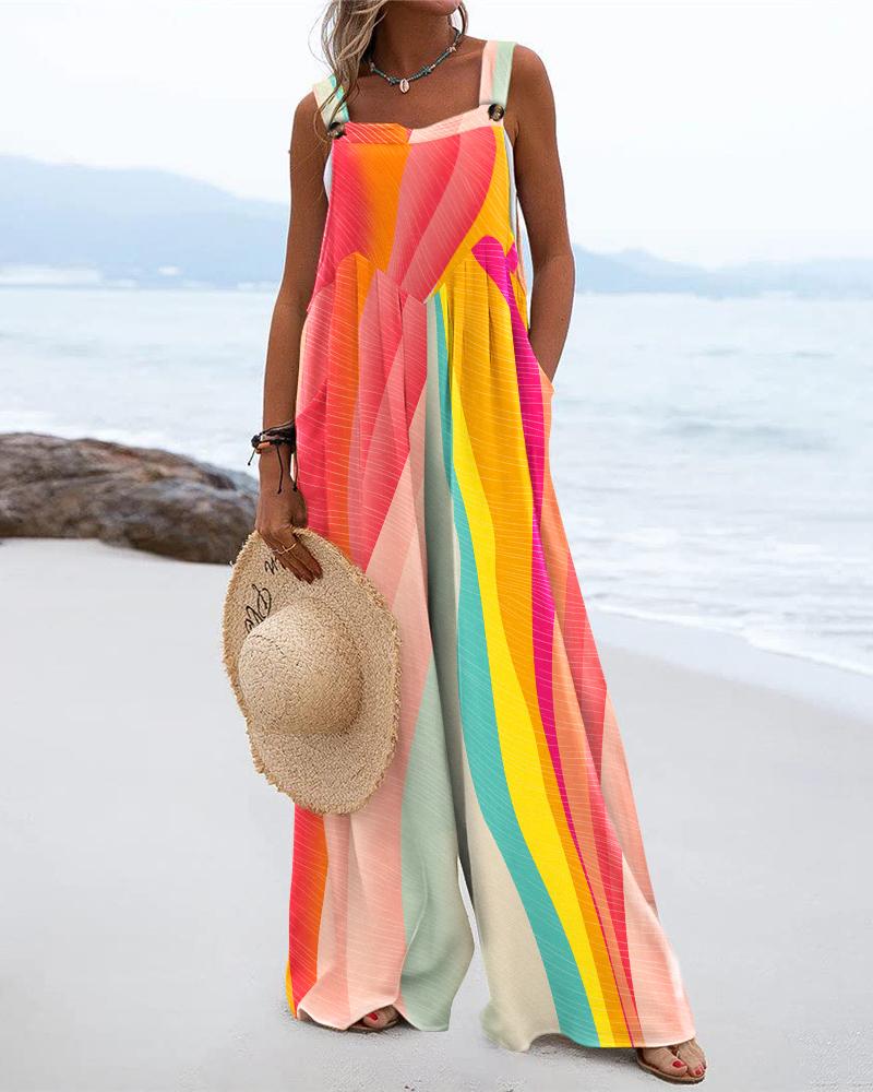 

Colorblock Wide Leg Suspender Jumpsuit, Multicolor