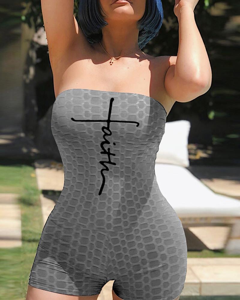 

Letter Print Textured Bandeau Romper, Gray