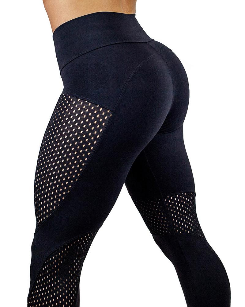 

Sheer Mesh Patch High Waist Quick Dry Yoga Pants, Black