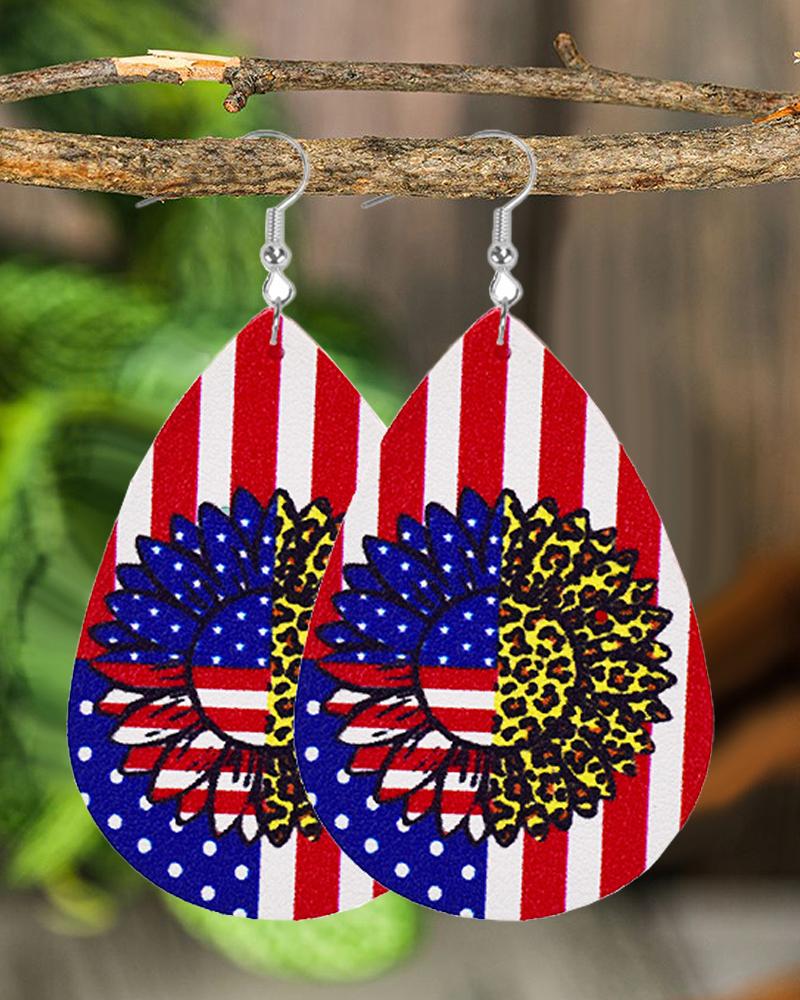 

1Pair Independence Day American Flag Leopard Sunflower Waterdrop Hook Earrings, Style2