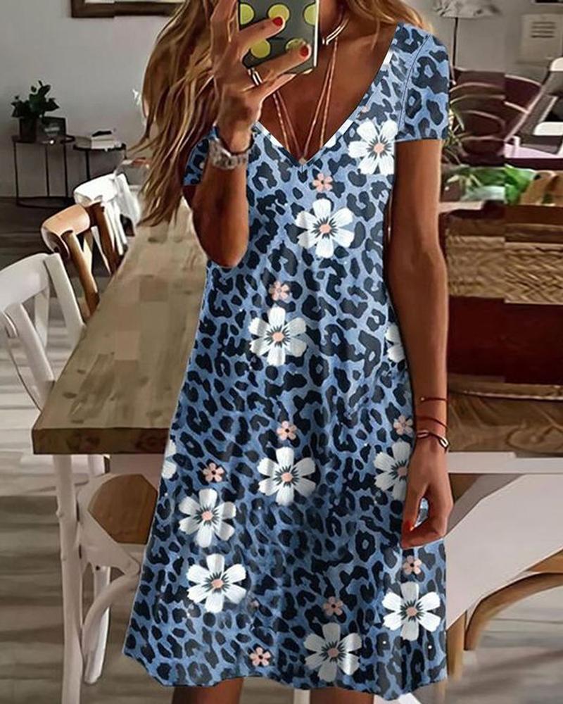

Leopard Floral Print V-Neck Casual Dress, Blue