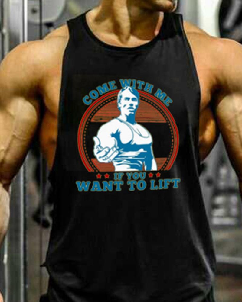 

Figure Print Sleeveless Sport Tank, Black