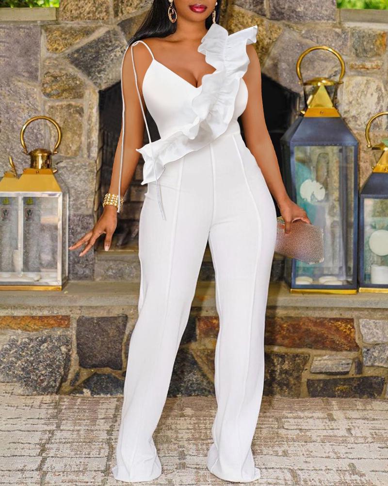 

Asymmetrical V-Neck Ruffle Hem Jumpsuit, White