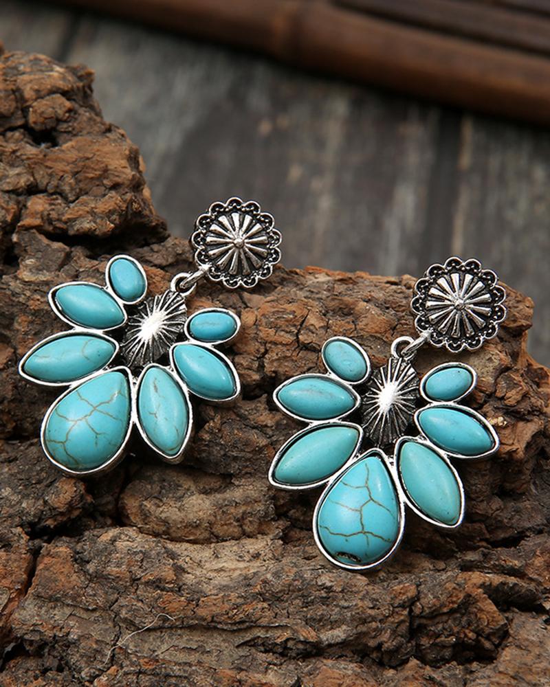 

1Pair Bohemian Turquoise Floral Drop Earrings, Blue
