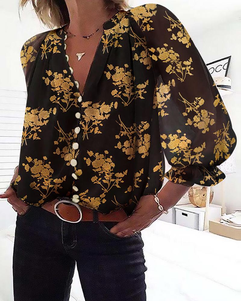 

Floral Print Long Sleeve Blouse, Black
