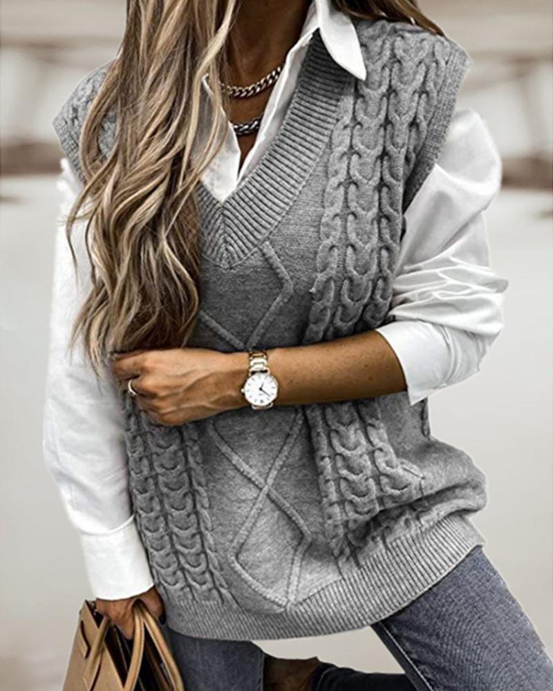 

Braided Knit V-neck Vest Sweater, Gray