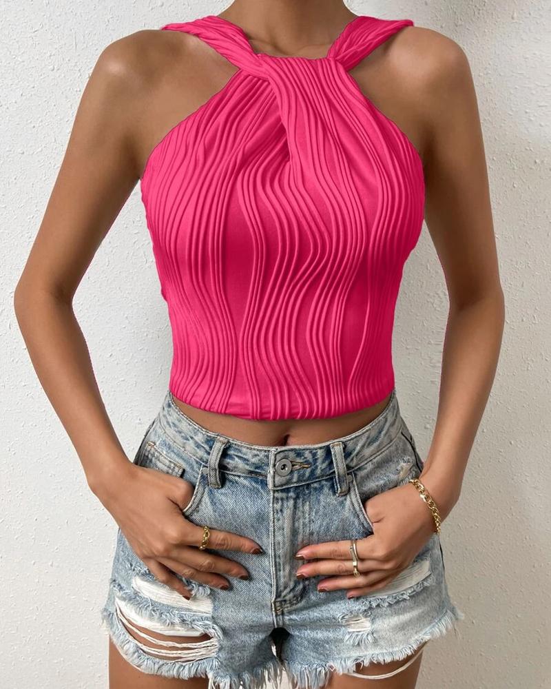 

Asymmetrical Neck Textured Tank Top, Hot pink