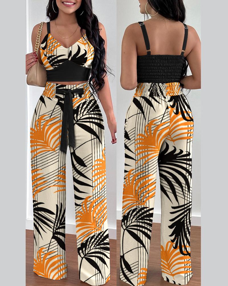 

Tropical Print Shirred Crop Top & High Waist Pants Set, Black