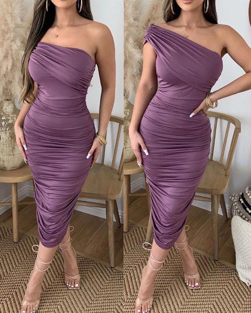 

Plain One Shoulder Ruched Bodycon Evening Dress Elegant Slim Fit Party Dress, Purple