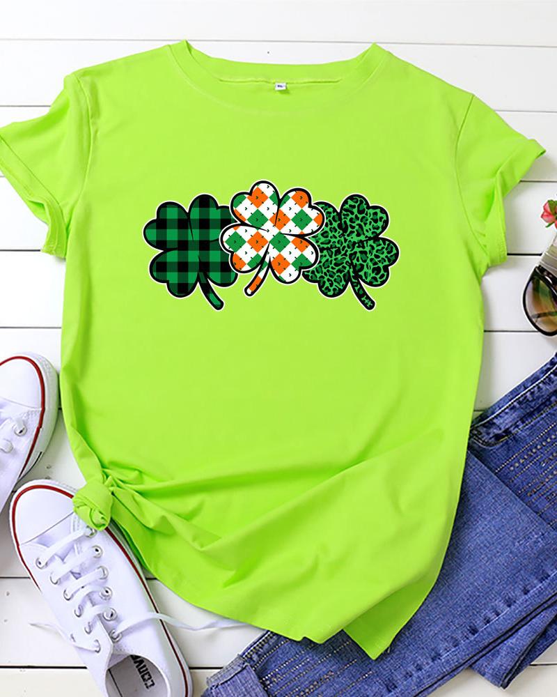 

Clover Print Short Sleeve Casual T-shirt, Green