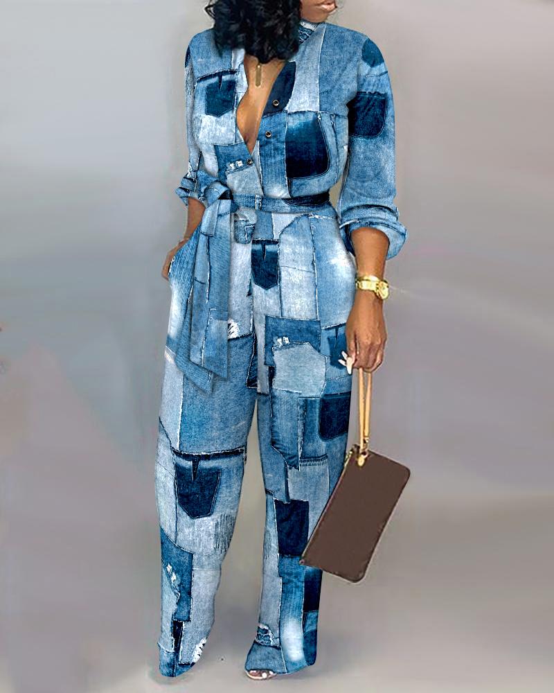 

Denim Look Print Long Sleeve Belted Jumpsuit, Blue