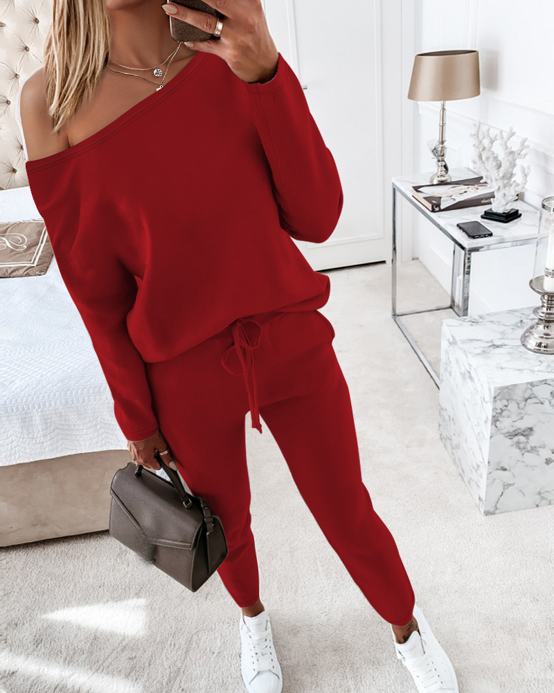 

2 Piece Lounge Outfit Long Sleeve Skew Neck Pullover Tops Stretchy Waist Pants Set Tracksuit, Red