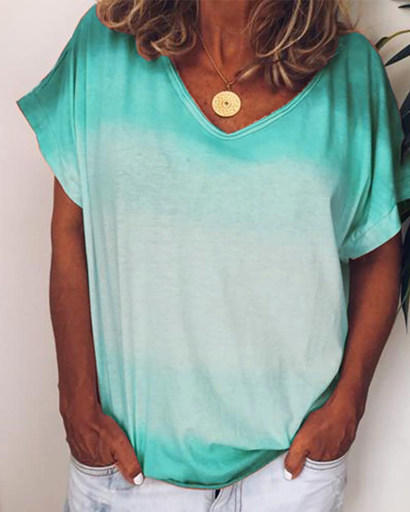 

V-neck Gradient Color Casual T-shirt, Blue