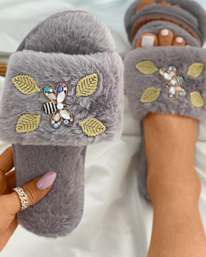 

Bee Decor Leaf Embroidery Fluffy Slippers, Gray