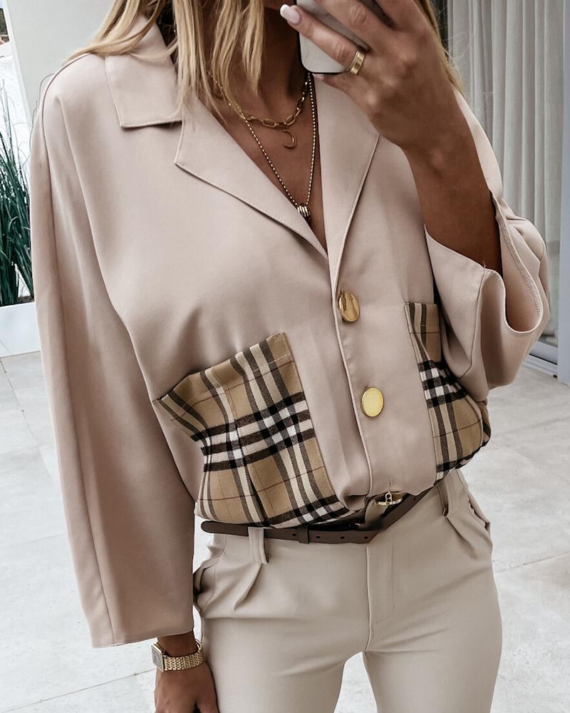 

Plaid Print Pocket Design Long Sleeve Shirt, Apricot
