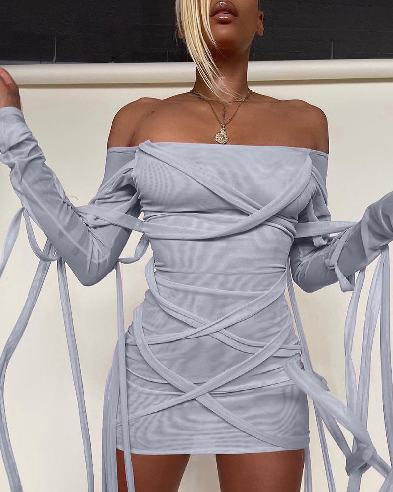 

Off Shoulder Long Sleeve Strappy Bodycon Dress, Gray